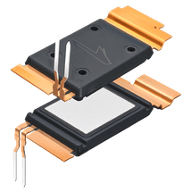 Composite image of the top and bottom of a Wolfspeed silicon carbide (SiC) power module in a TM package.