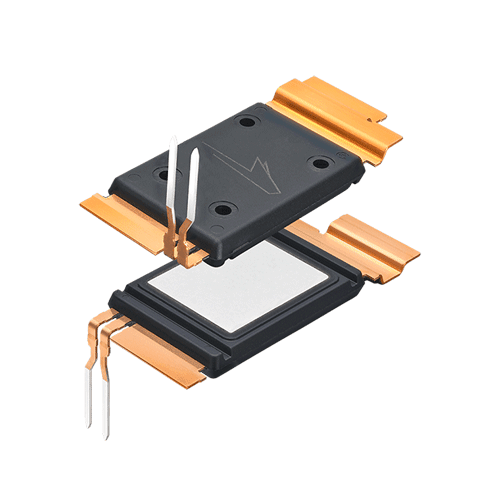 Composite image of the top and bottom of a Wolfspeed silicon carbide (SiC) power module in a TM package.